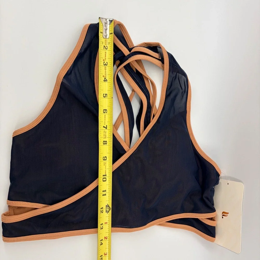 Fabletics Faye Medium Impact Sports Bra II Navy Blue Tan Mesh Strappy Large NEW - Picture 7 of 7